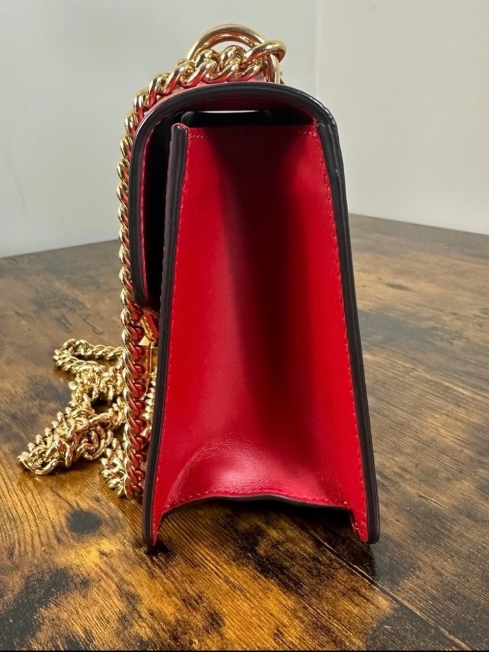 Gucci Sylvie Red Leather Shoulder Bag Gold Chain Web Stripe Crossbody - Picture 13 of 16